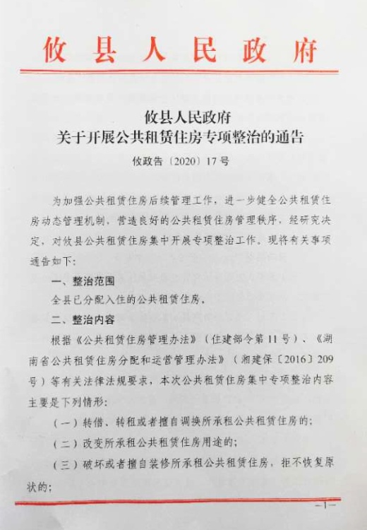 攸县人民政府关于开展公共租赁住房专项整治的通告