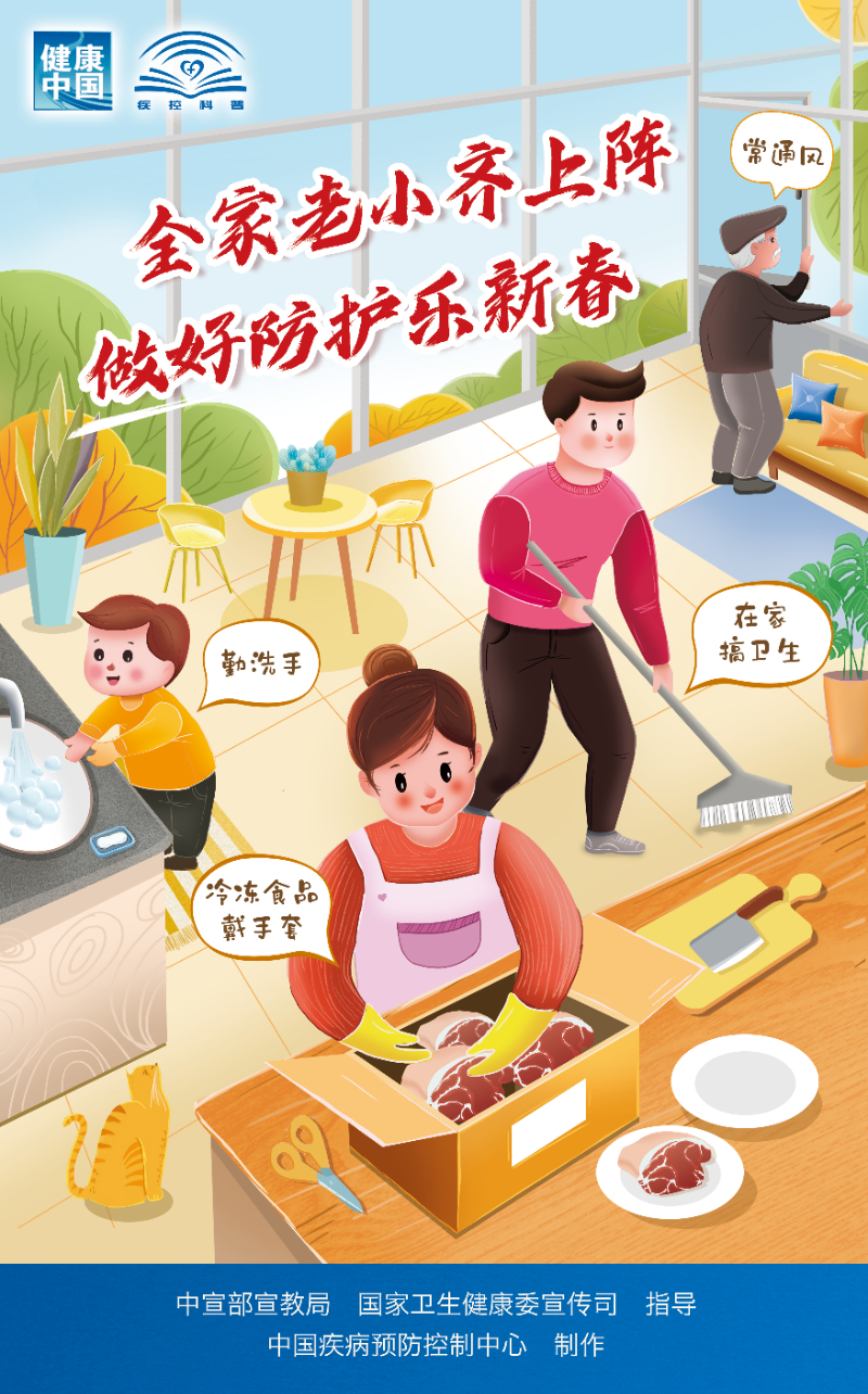 新冠肺炎疫情防护知识宣传海报：全家老小齐上阵，做好防护乐新春