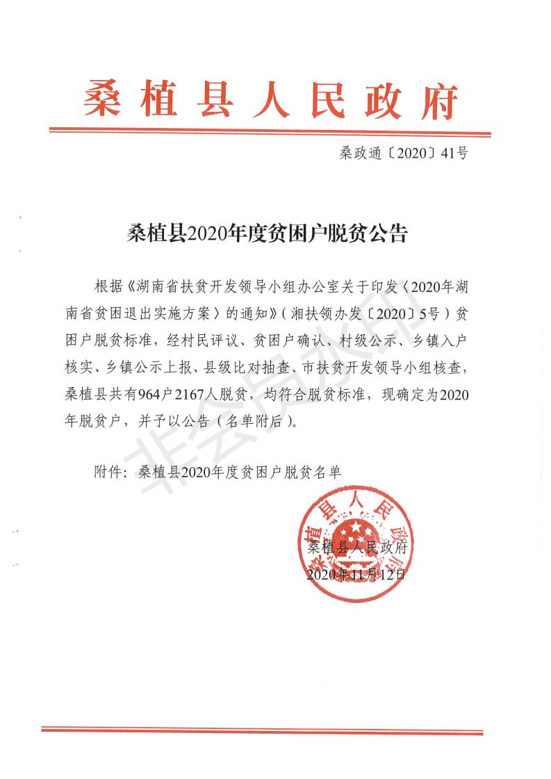 桑植县2020年度贫困户脱贫公告