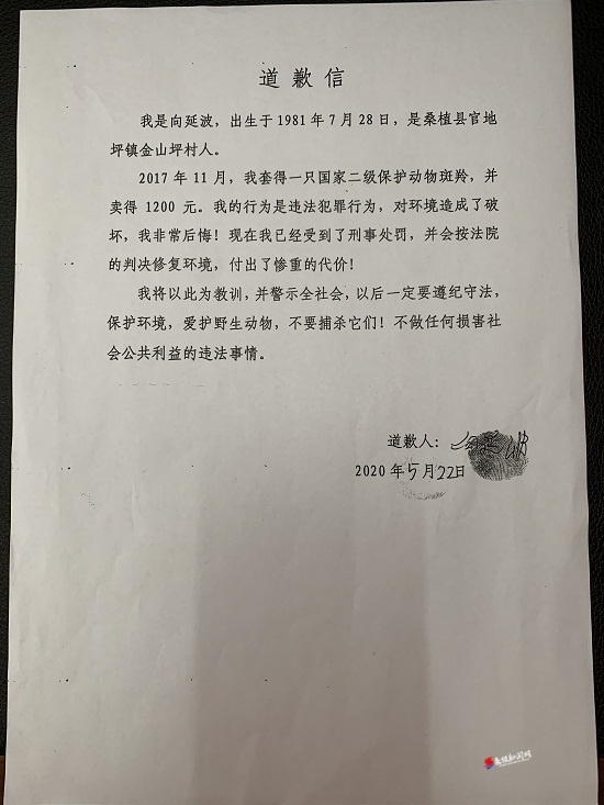 非法猎捕、杀害珍贵、濒危野生动物，责令公开赔礼道歉！