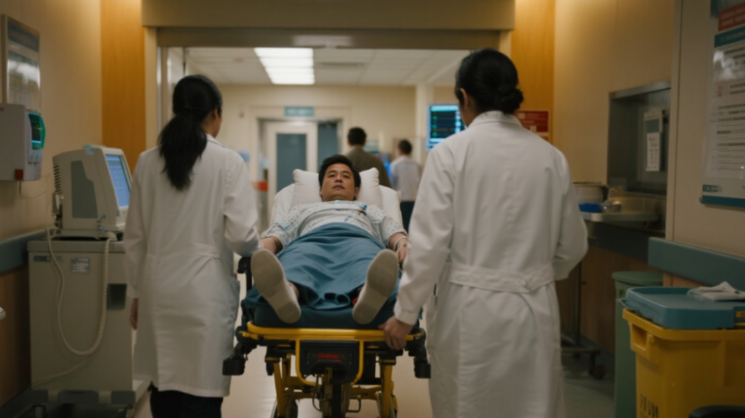jimeng-2025-10-29-1470-在医院的急诊室，一位中年的亚洲男性被医护人员用急救床匆忙推进抢救室.png